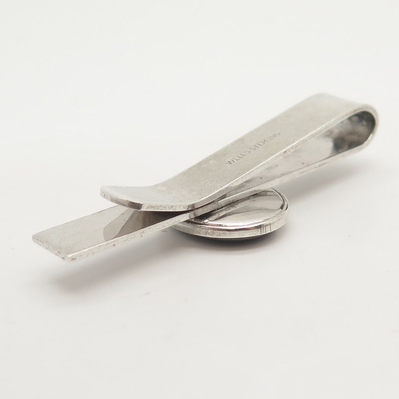 925 Sterling Silver Vintage Wells Real Hematite Gem Warrior Design Tie Clip