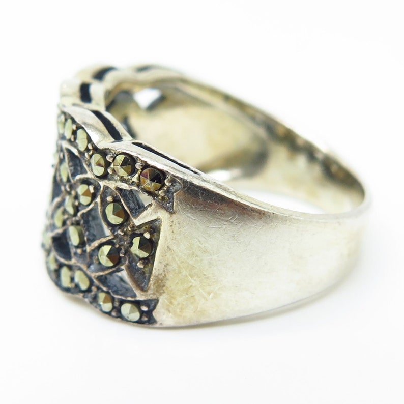 925 Sterling Silver Real Marcasite Gemstone Openwork Ring Size 8.5