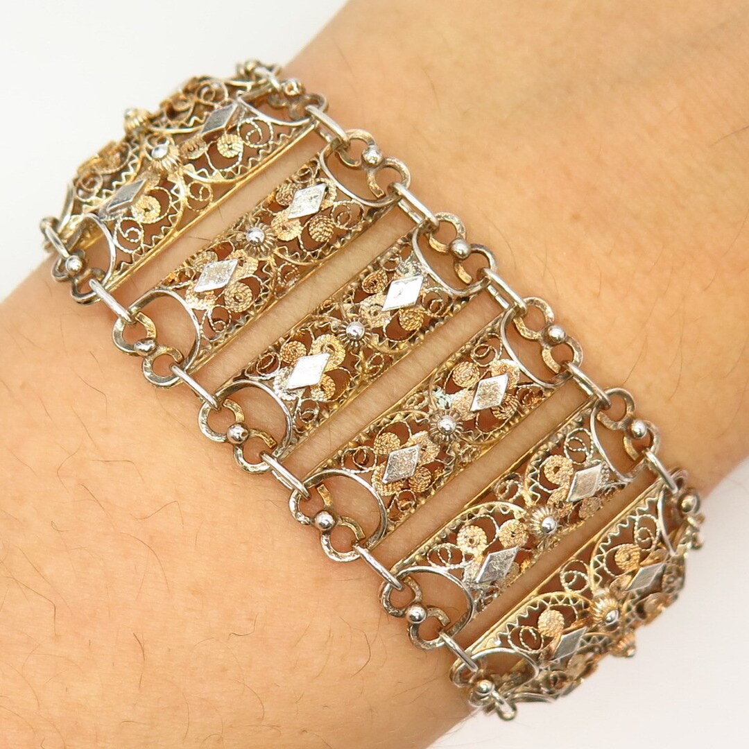 800 Silver Vintage Filigree Design Wide Link Bracelet 7 1/4