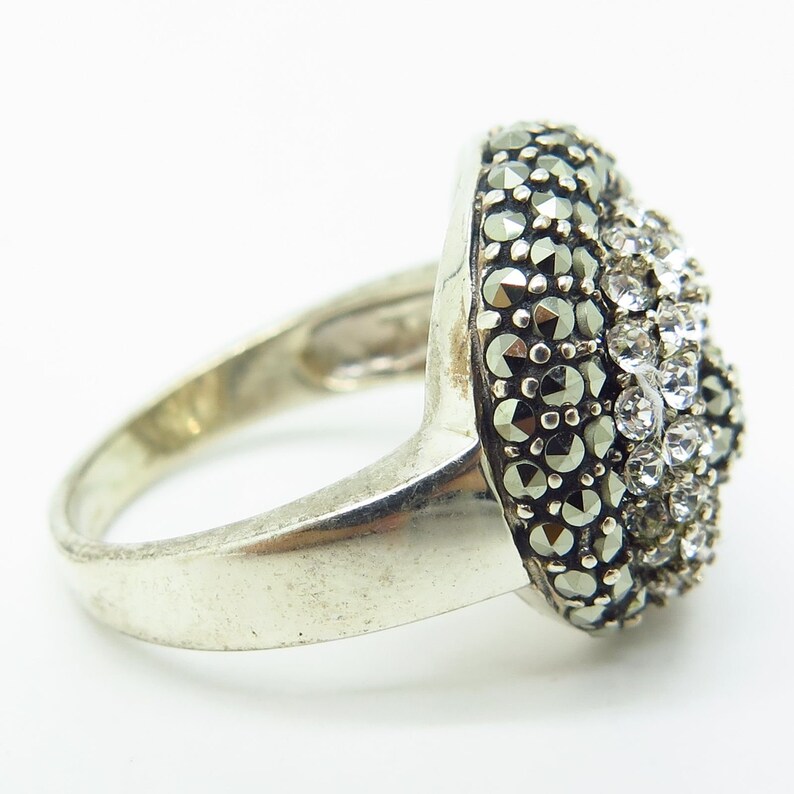 Signed 925 Sterling Silver Real Marcasite Gem C Z Spiral Wide Ring Size 8