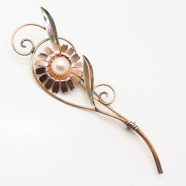 925 Sterling12K G.F Vintage Van Dell Real Pearl Floral Design Large Brooch