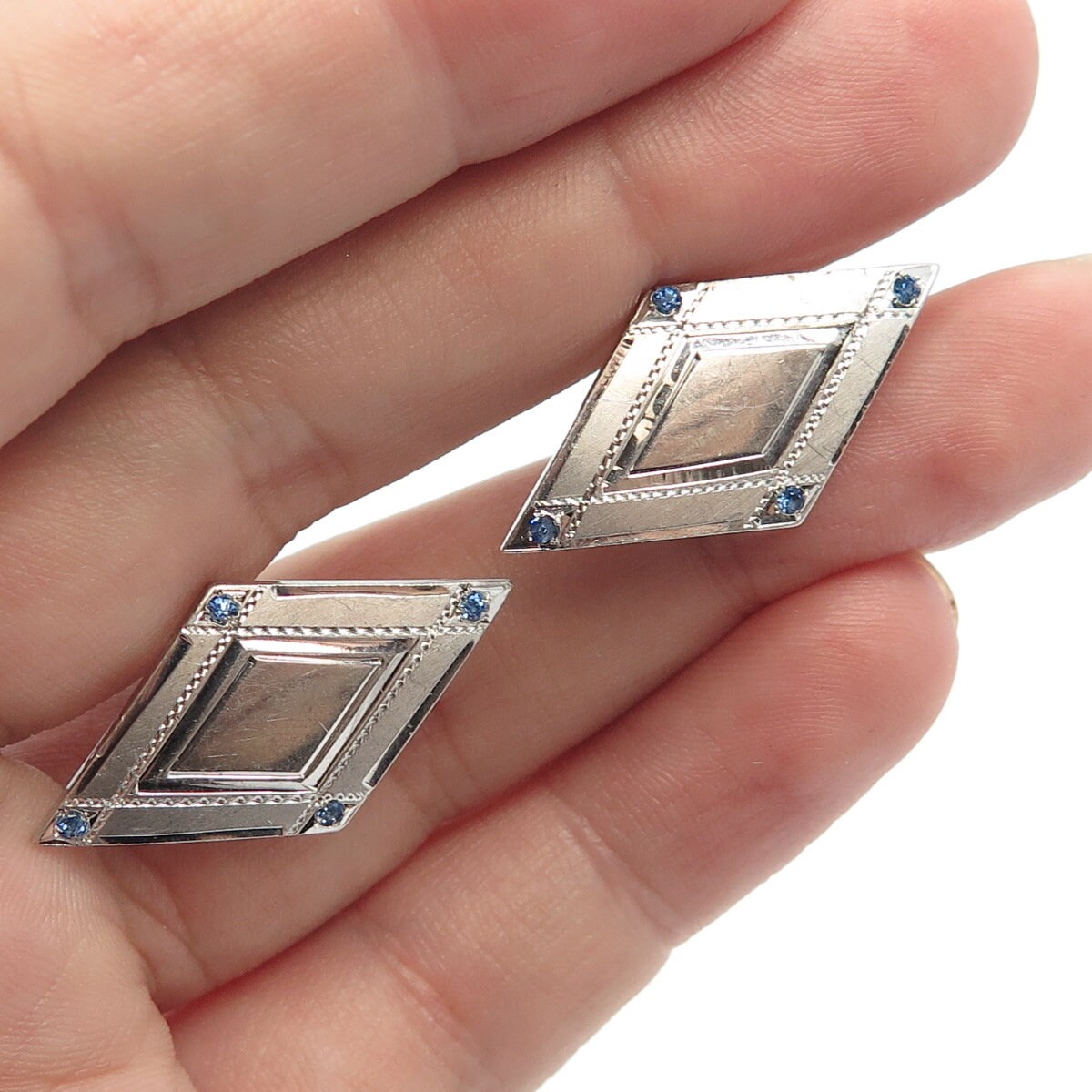 925 Sterling Silver Vintage P and K Blue C Z Cufflinks