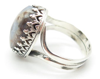 ZEUS 925 Sterling Silver Vintage Real Agate Modenrist Crown Ring