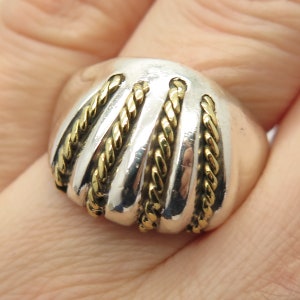 925 Sterling Silver 2-Tone Vintage Mexico Twisted Domed Ring Size 8.5