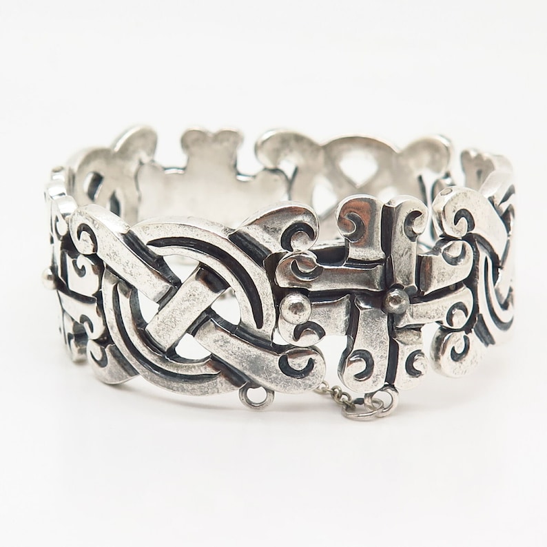 925 Sterling Silver Vintage Mexico Heavy Tribal Link Bracelet 6 34