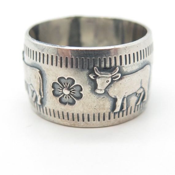 800 Silver Vintage Cow Storyteller Band Ring Size… - image 5