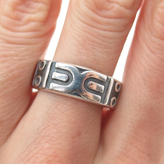 925 Sterling Silver Vintage Mexico Tribal Symbol Oxidized Band