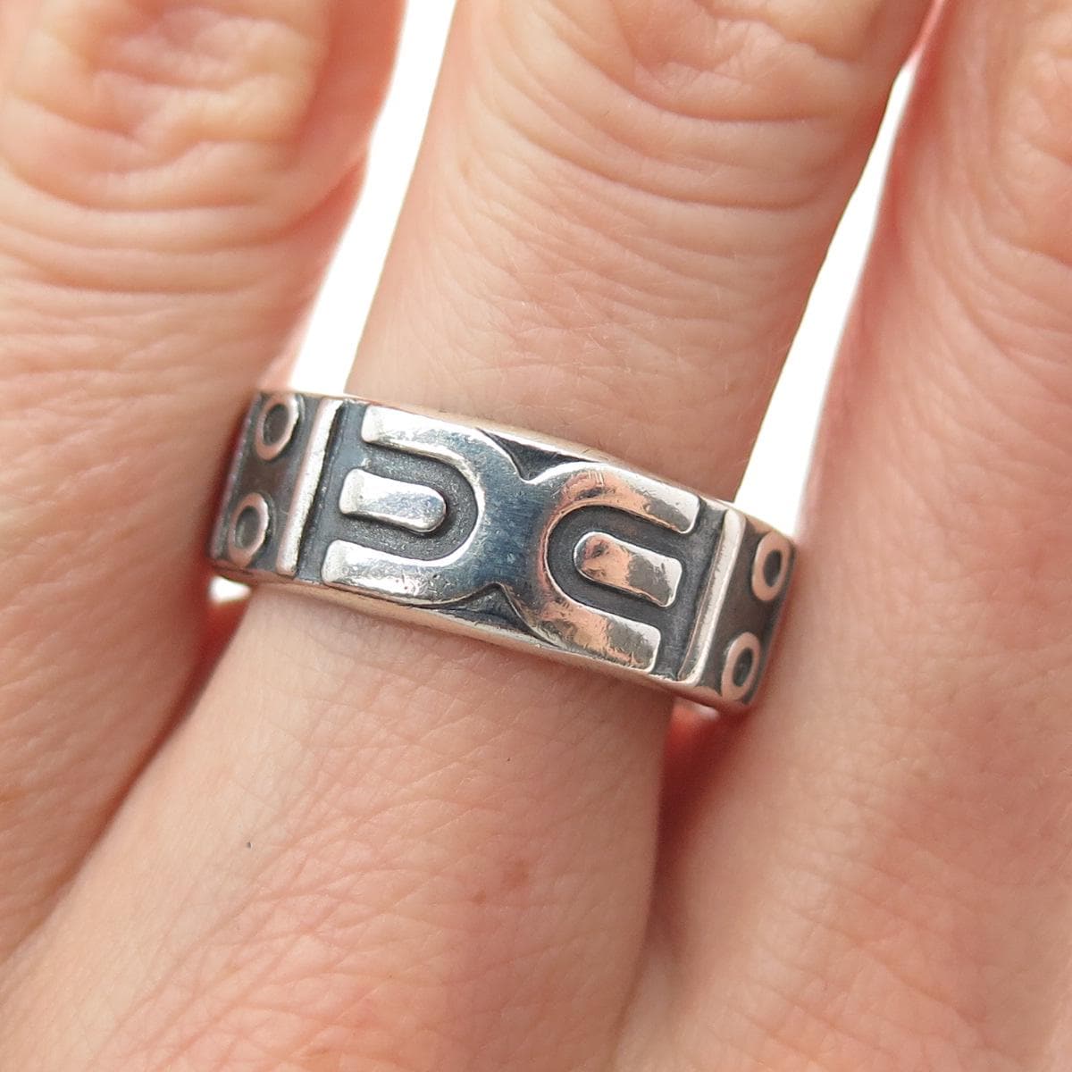 925 Sterling Silver Vintage Mexico Tribal Symbol Oxidized Band