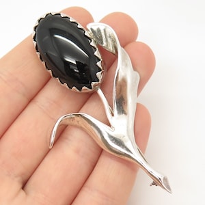 925 Sterling Silver Vintage Real Black Onyx Gemstone Floral Design Pin Brooch