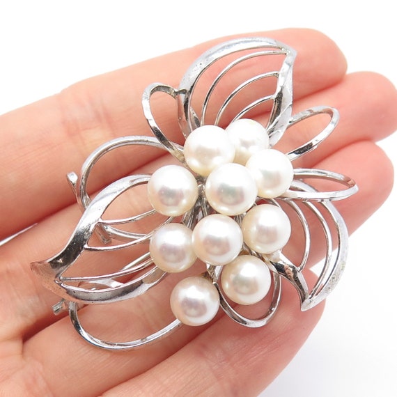 920 Silver Vintage Real Pearl Floral Pin Brooch - image 1