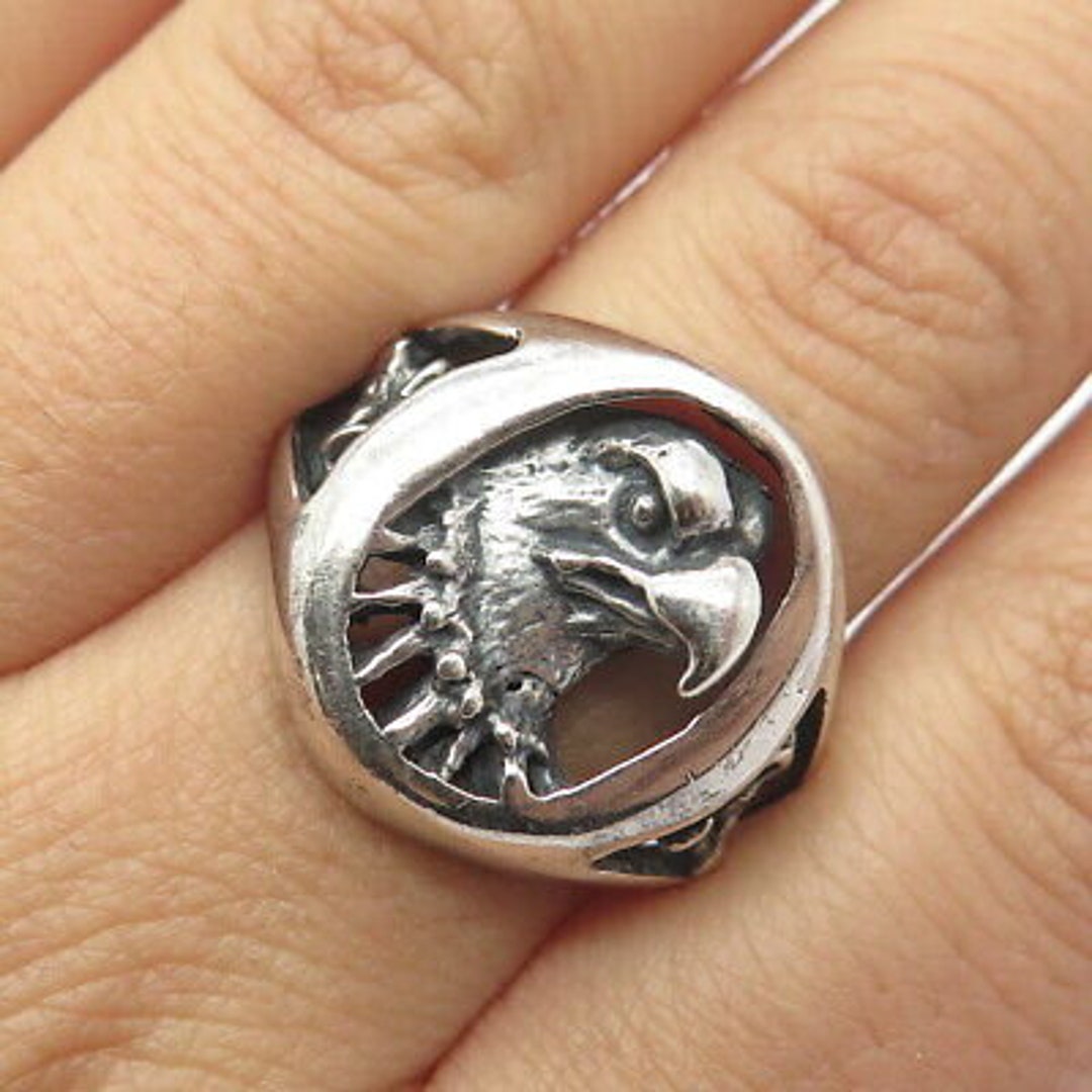 925 Sterling Silver Vintage Eagle and Deer Oval Ring Size