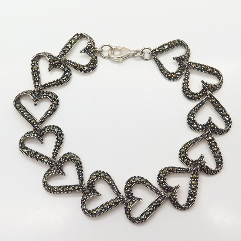 925 Sterling Silver Real Marcasite Gemstone Heart Design Link Bracelet 7.5