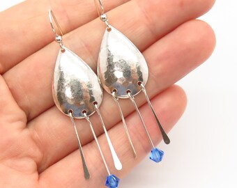 925 Sterling Silver Royal Blue C Z Teardrop Dangling Earrings