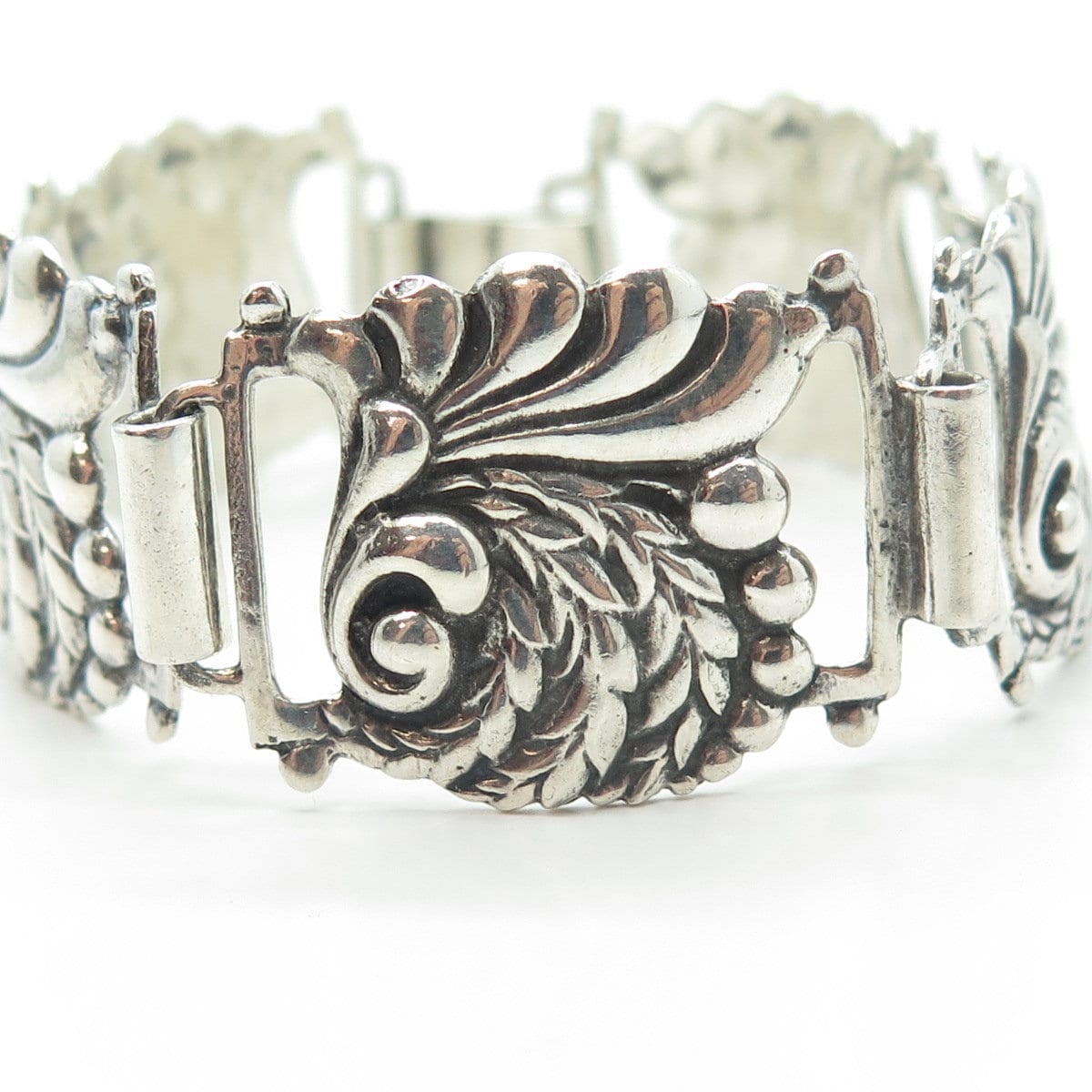 925 Sterling Silver Vintage Victorian Floral Panel Link Bracelet 7