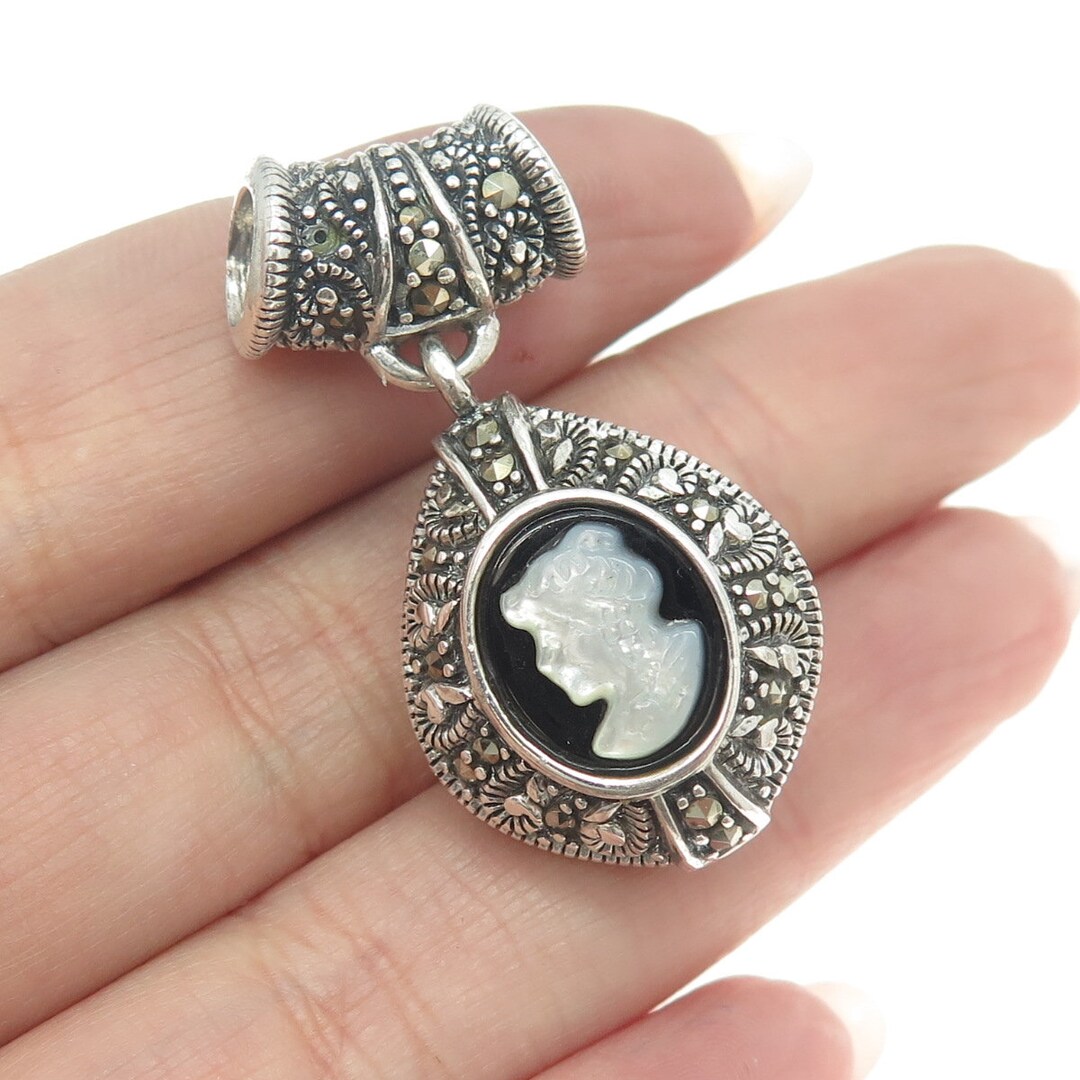 925 Sterling Silver Vintage MOP Black Onyx and Marcasite Gem Cameo
