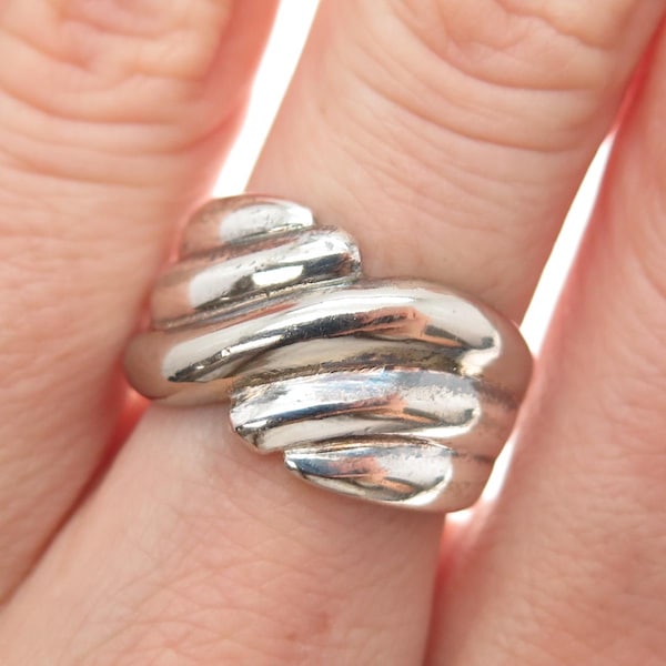 925 Sterling Silver Vintage Modernist Ribbed Bypass Ring Size 6