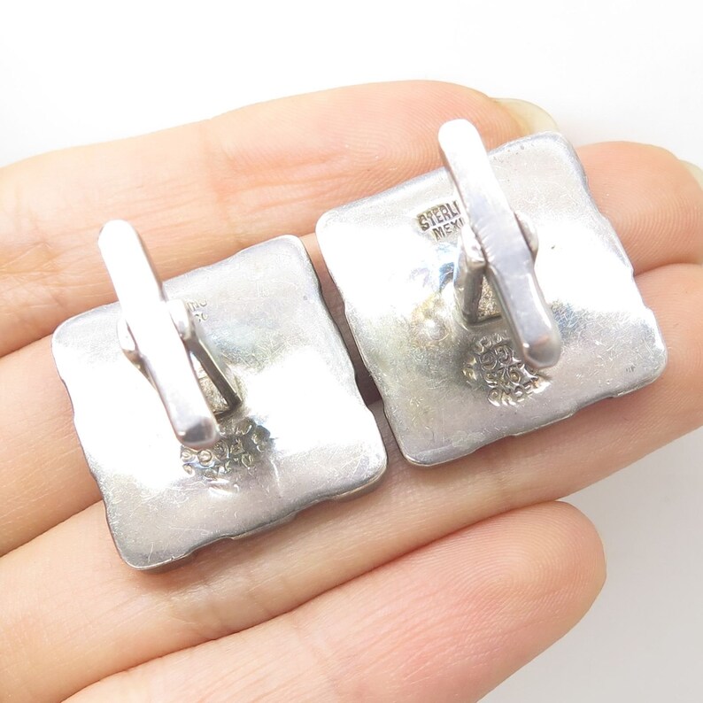Vintage Mexico Signed 925 Silver Black Onyx Abalone Shell Large Mens Cufflinks