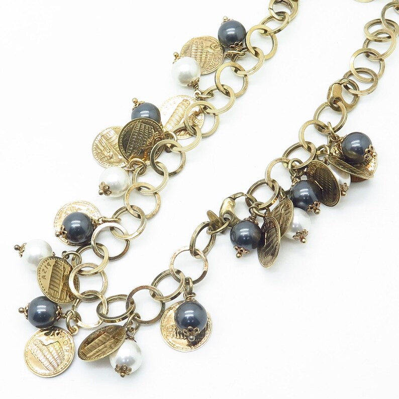 Italy 925 Sterling Gold Plated Faux Pearl Dangling Charm Chain Necklace 28