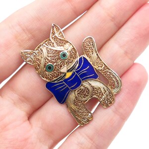 TOPAZIO 925 Sterling Gold Plated Vintage Portugal Enamel Cat Filigree Pin Brooch