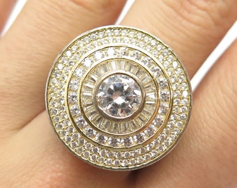 925 Sterling Silver Gold Plated Vintage C Z Wide Ring Size 9