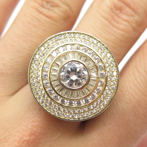 925 Sterling Silver Gold Plated Vintage C Z Wide Ring Size 9