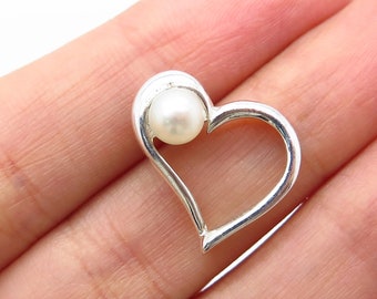 925 Sterling Silver Vintage Real Pearl Open Heart Slide Pendant