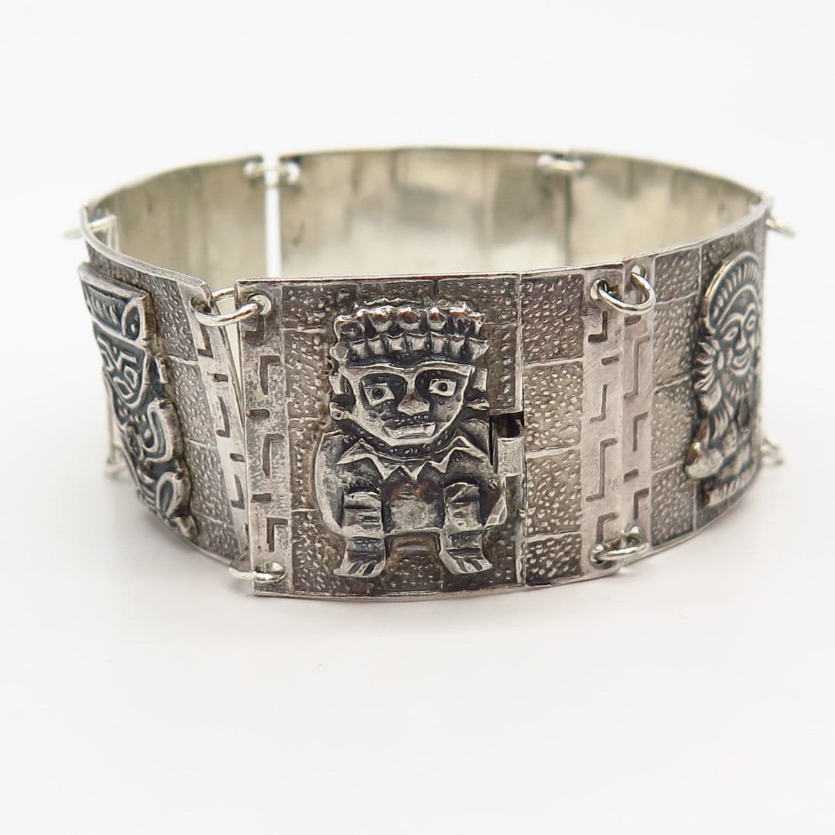 900 Silver Vintage Tribal God Wide Panel Link Bracelet 7 900 Silver Vintage Tribal God Wide Panel Link Bracelet 7