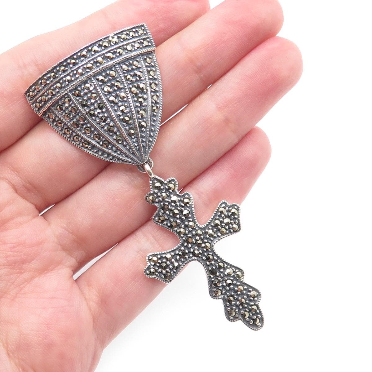 JIDITH JACK 925 Sterling Silver Vintage Real Marcasite Cross Medal