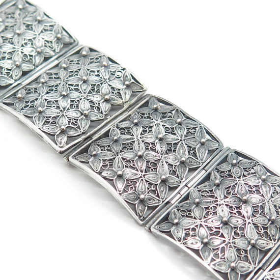 800 Silver Vintage Filigree Floral Panel Link Bra… - image 4