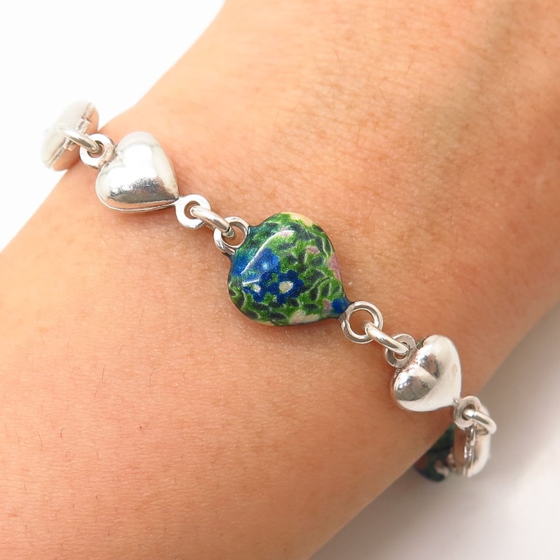 925 Sterling Silver Italy Floral Heart Link Bracelet 6.5