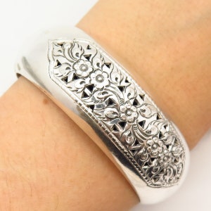 925 Sterling Silver Vintage Floral Design Cuff Bracelet 6 3/4&quot;