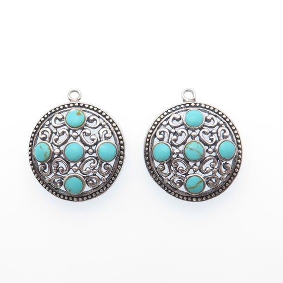 925 Sterling Silver Vintage Real Lone Mountain Turquoise Ornate Jacket Earrings View 4