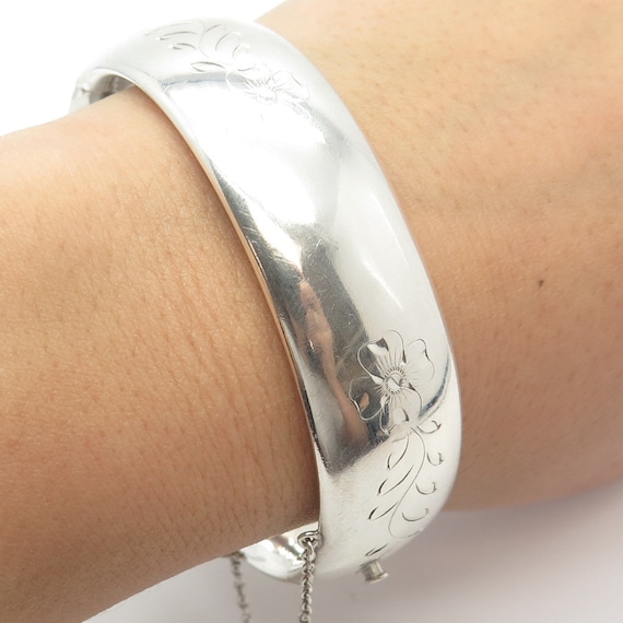 925 Sterling Silver Vintage Etched Floral Hinged Bangle Bracelet 