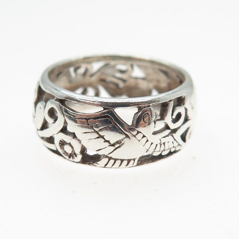 HAN 925 Sterling Silver Vintage Flower Blossom Oxidized Band Ring Size ...
