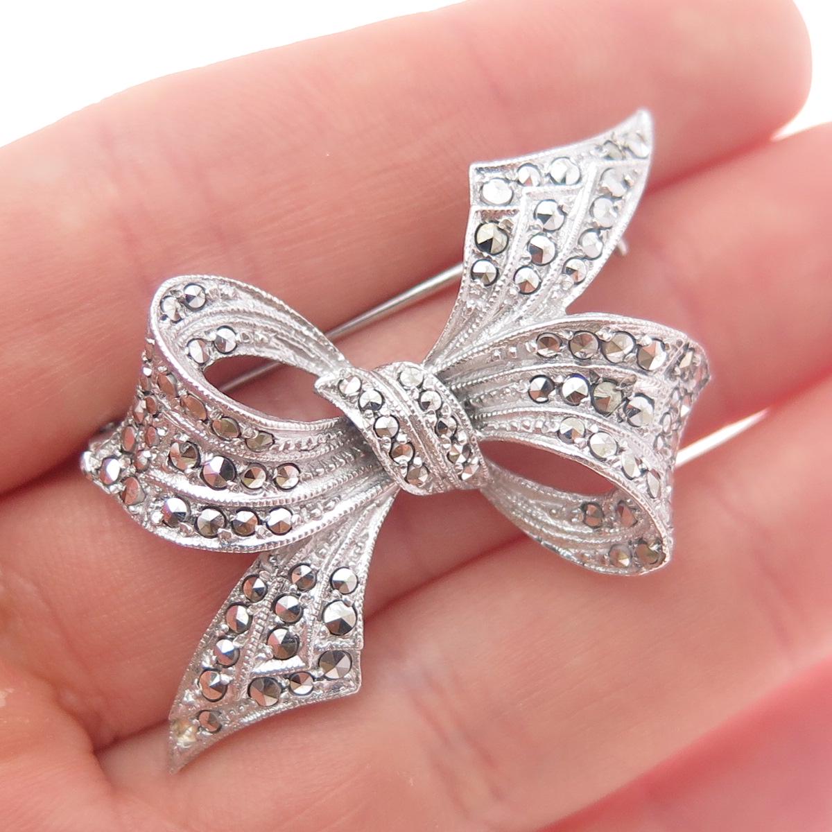 925 Sterling Silver Vintage CPS Real Marcasite Ribbon Bow Pin