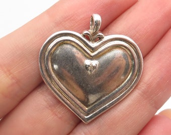 925 Sterling Silver Vintage Real White Diamond Heart Pendant