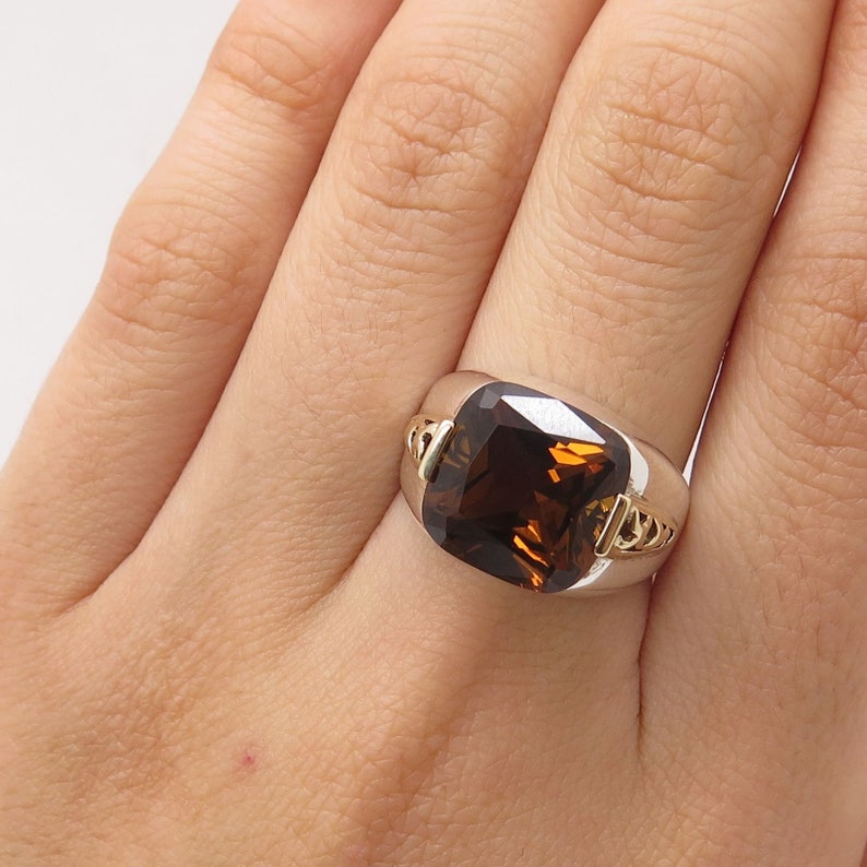 Signed 925 Silver Gold 14K Real Large Dark Citrine Gemstone Ring Size 7 14