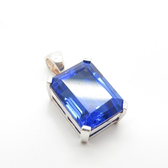 925 Sterling Silver Vintage Blue Glass Pendant - image 4