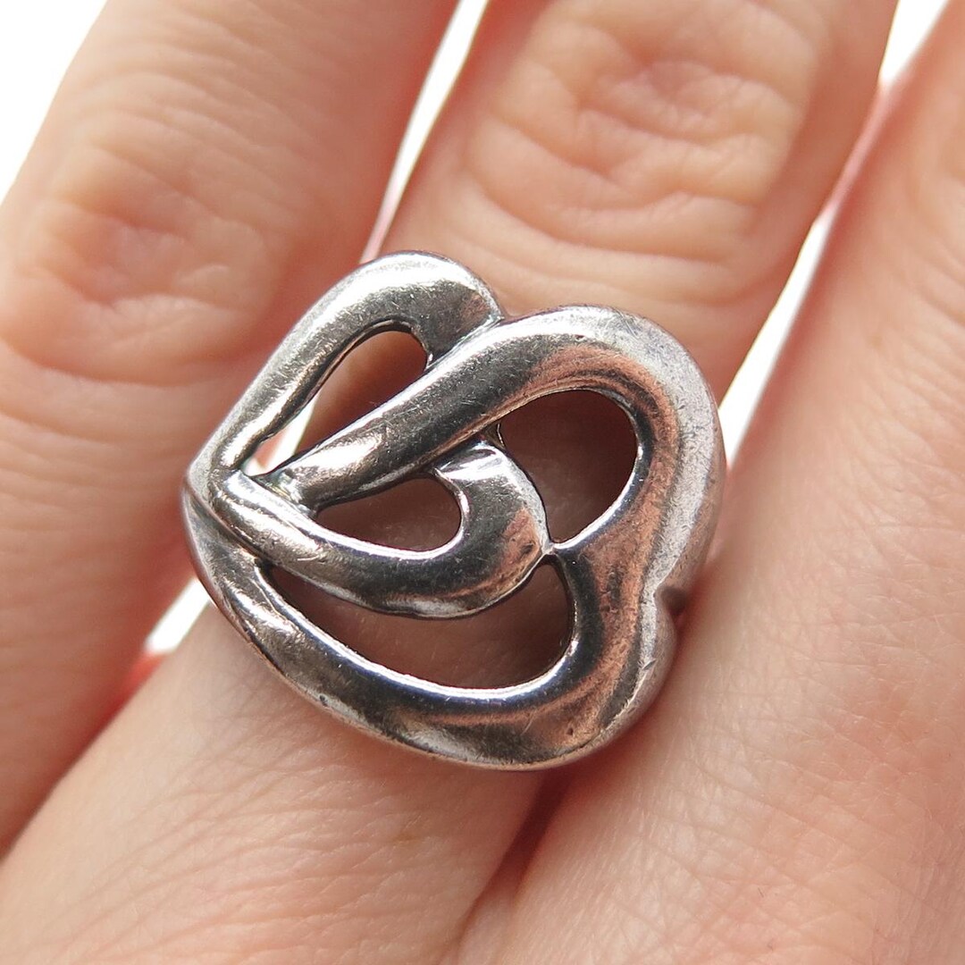 925 Sterling Silver Vintage Interlocked Heart Couple Oxidized Ring Size ...