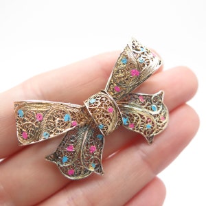 925 Sterling Silver Gold Plated Vintage Enamel Bow Filigree Pin Brooch