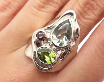 HAGIT GORALI Sterling Vintage Real Prasiolite Garnet & Peridot Ring Size 9.25