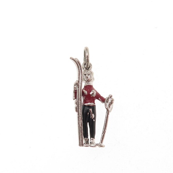 Wells Sterling Silver Antique Art Deco Enamel Female Skier Mini Charm Pendant View 4