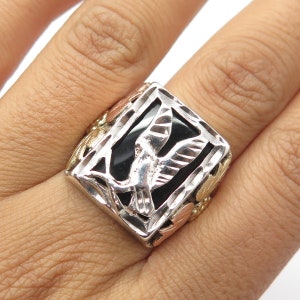 12K 2-Tone Gold and Sterling Silver Black Onyx Eagle Statement Ring Size 10