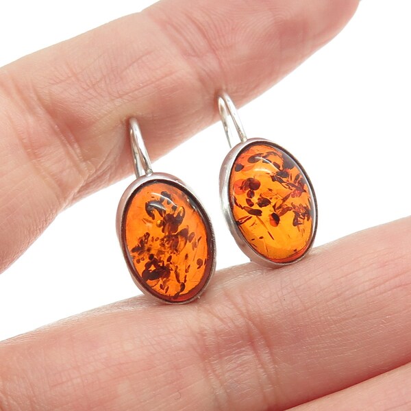 VALERIO V8 925 Sterling Silver Vintage Poland Real Amber Dangle Earrings