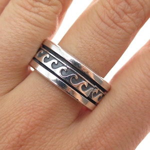 May include: A silver ring with a wave pattern design. The ring is wide and features a repeating pattern of stylized waves in a dark color against a silver background. The ring is worn on a finger.