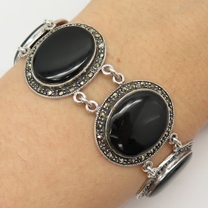 925 Sterling Silver Vintage Real Black Onyx and Marcasite Gem Link Bracelet 6.5&quot;