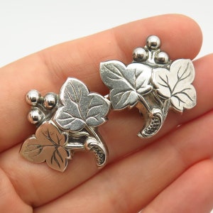 925 Sterling Silver Vintage Grape and Leaf Design Screw Back Earrings