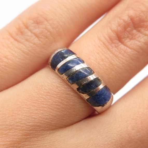 925 Sterling Silver Vintage JAB Real Sodalite Gem Striped Bar Ring