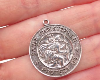 925 Sterling Silver Vintage St. Christopher Religious Oxidized Charm Pendant