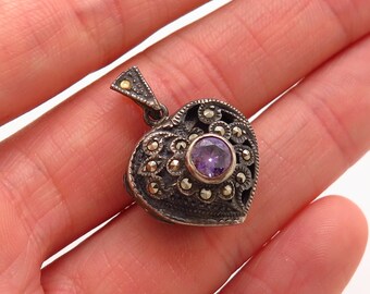 925 Sterling Silver Marcasite Gem and Lavender C Z Heart Locket Pendant